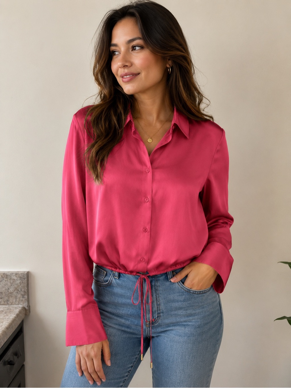 Donna Karan Pink Satin crinkle Drawstring Hem Button Front Blouse Size L